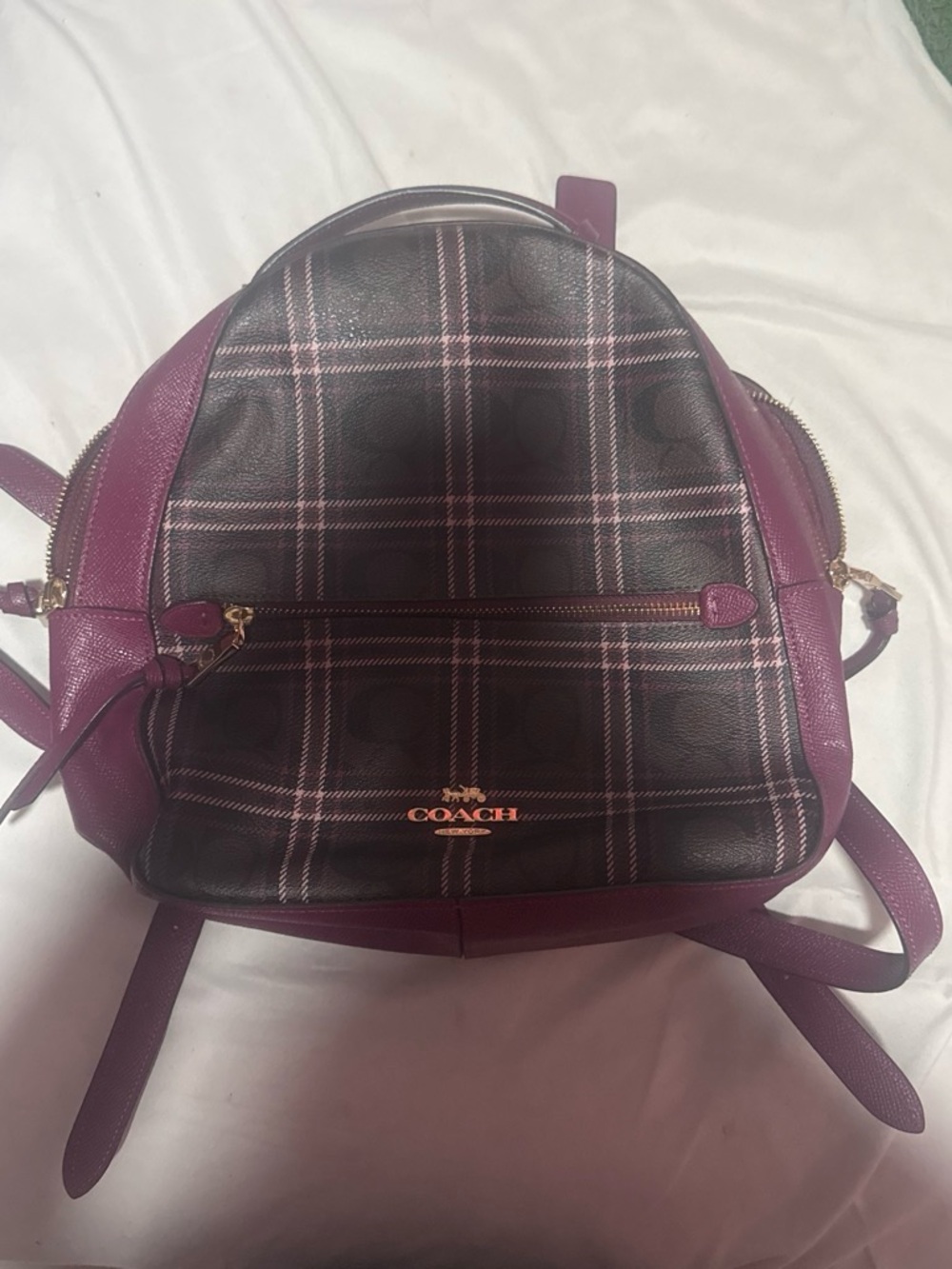 Coach Plaid Leather Backpack in Plum and Black with Gold Hardware
